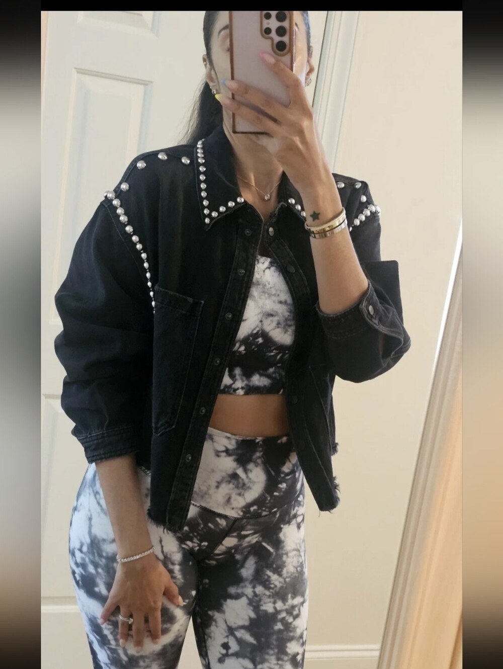 Allsaints Oversized Denim Cropped Studded Jacket-XS/M- $299-zara-h&m-gap-wang